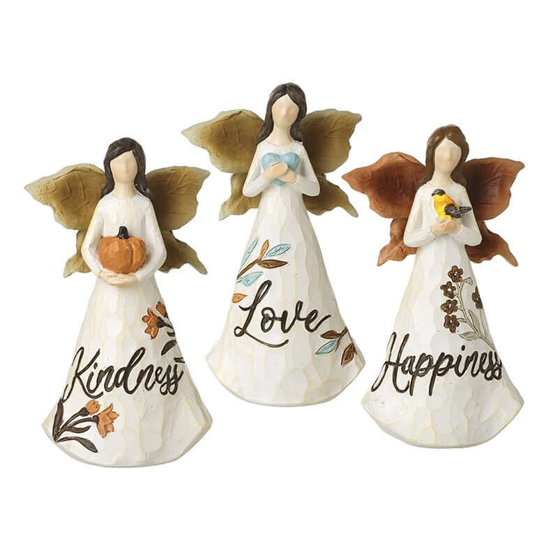 Three angel figurines with wings, each holding a symbol and word on a white background.