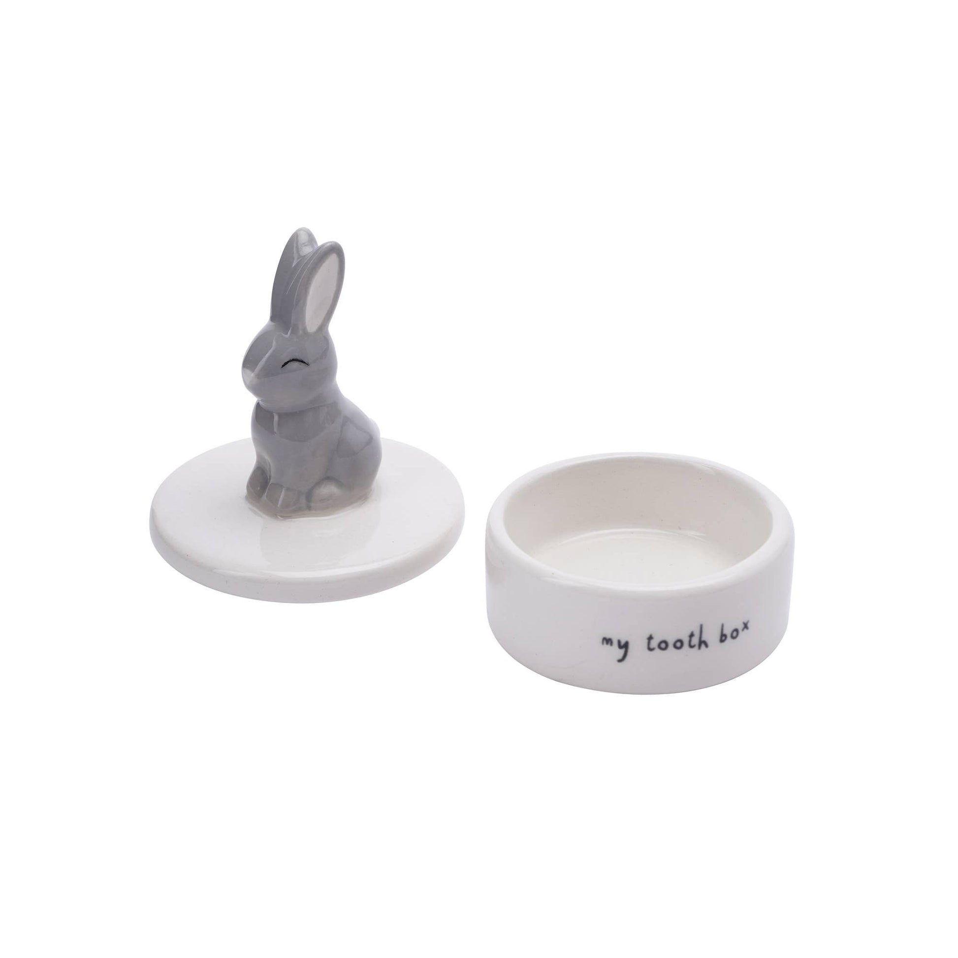 Small white ceramic container with a gray rabbit figure on a white background