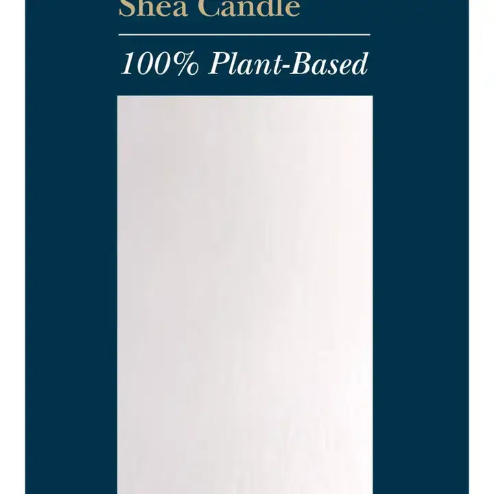 A product package or label for a Shea Candle, featuring a large blank white rectangular area centered on a dark navy blue background with the text 'Shea Candle' and '100% Plant-Based' in white and gold.