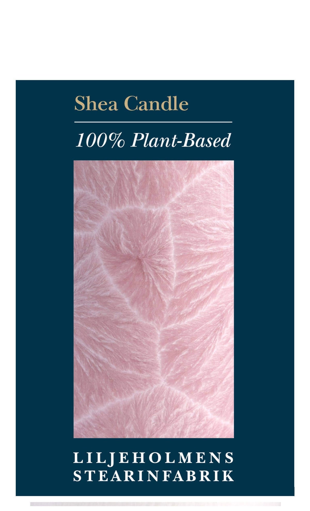 A rectangular product card for a Shea Candle, featuring a dark teal-blue background with white text reading 'Shea Candle', '100% Plant-Based', and 'LILJEHOLMENS STEARINFABRIK' around a central square close-up of pale pink plantain leaf texture.
