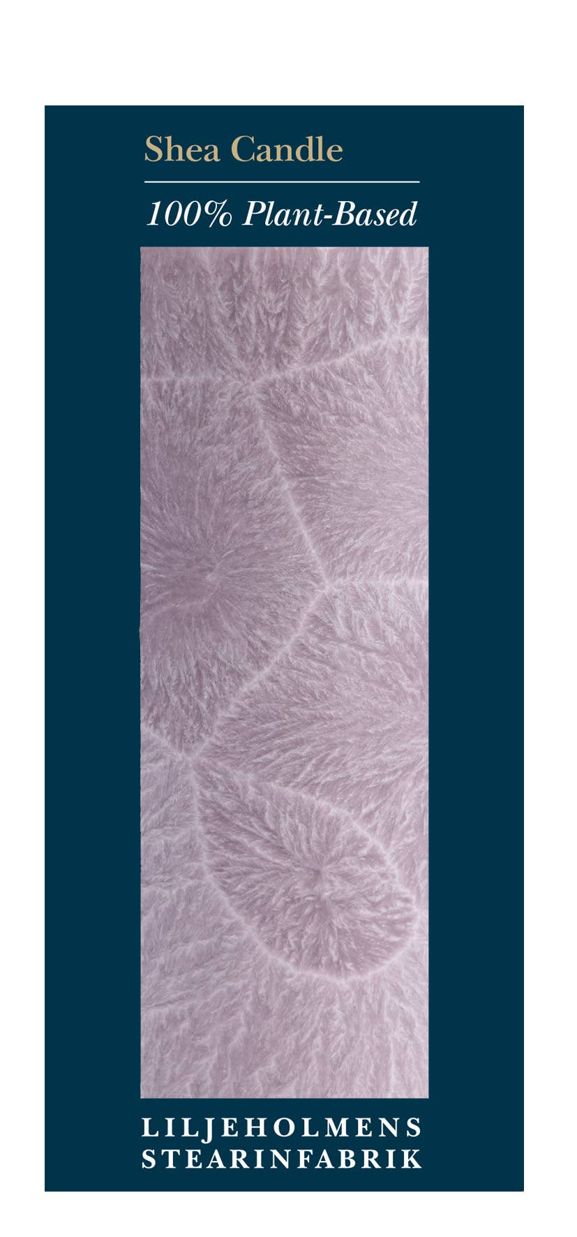 A tall rectangular product package for a Shea Candle, with a dark teal border and a central pale lavender textured panel. White text at the top reads 'Shea Candle' and '100% Plant-Based,' and the bottom reads 'LILJEHOLMENS STEARINFABRIK.