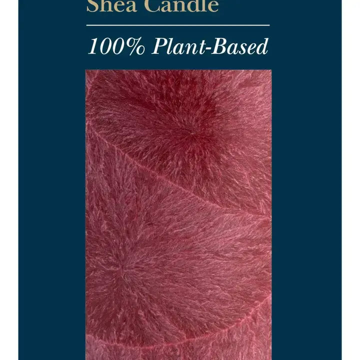 A product label or packaging graphic for a Shea Candle, featuring a central square close-up of reddish-brown shea fiber texture on a dark navy blue background with white and gold text reading 'Shea Candle' and '100% Plant-Based'.