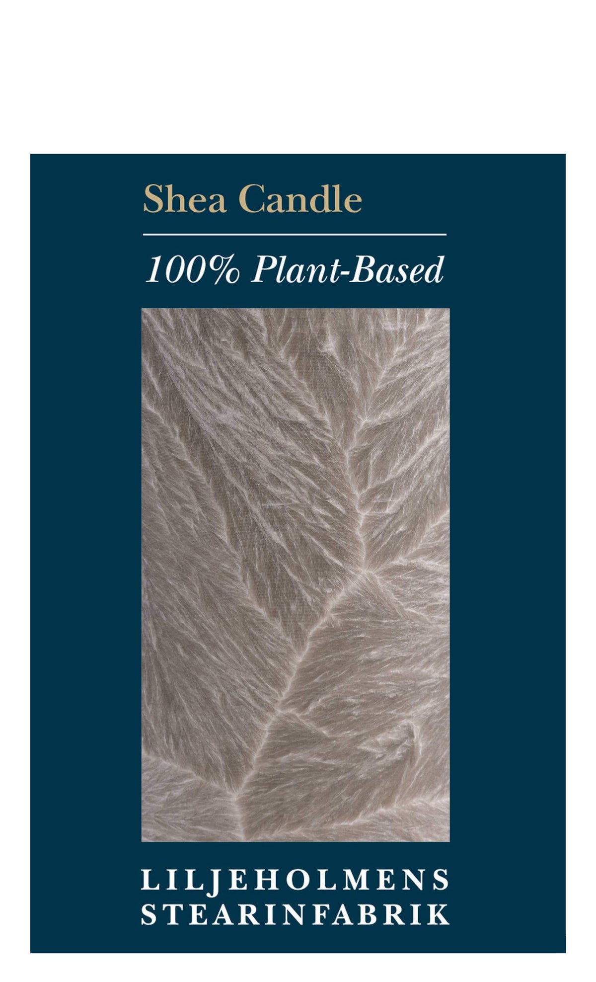 A dark teal rectangular product card on a white background with text reading 'Shea Candle', '100% Plant-Based', and 'LILJEHOLMENS STEARINFABRIK' around a central close-up photo of a beige shea leaf texture.