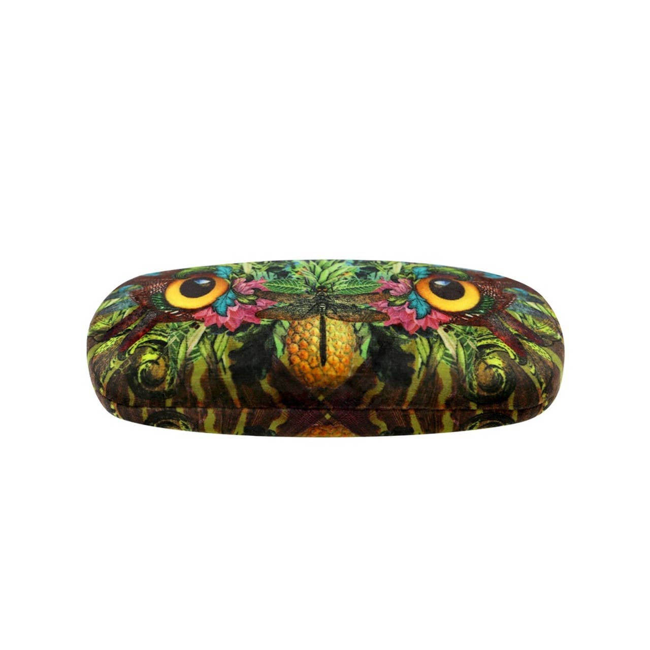 Colorful glasses case with a nature-themed design in style of an owl on a white background