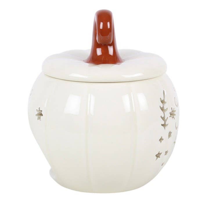 White ceramic jar with a red handle on a white background