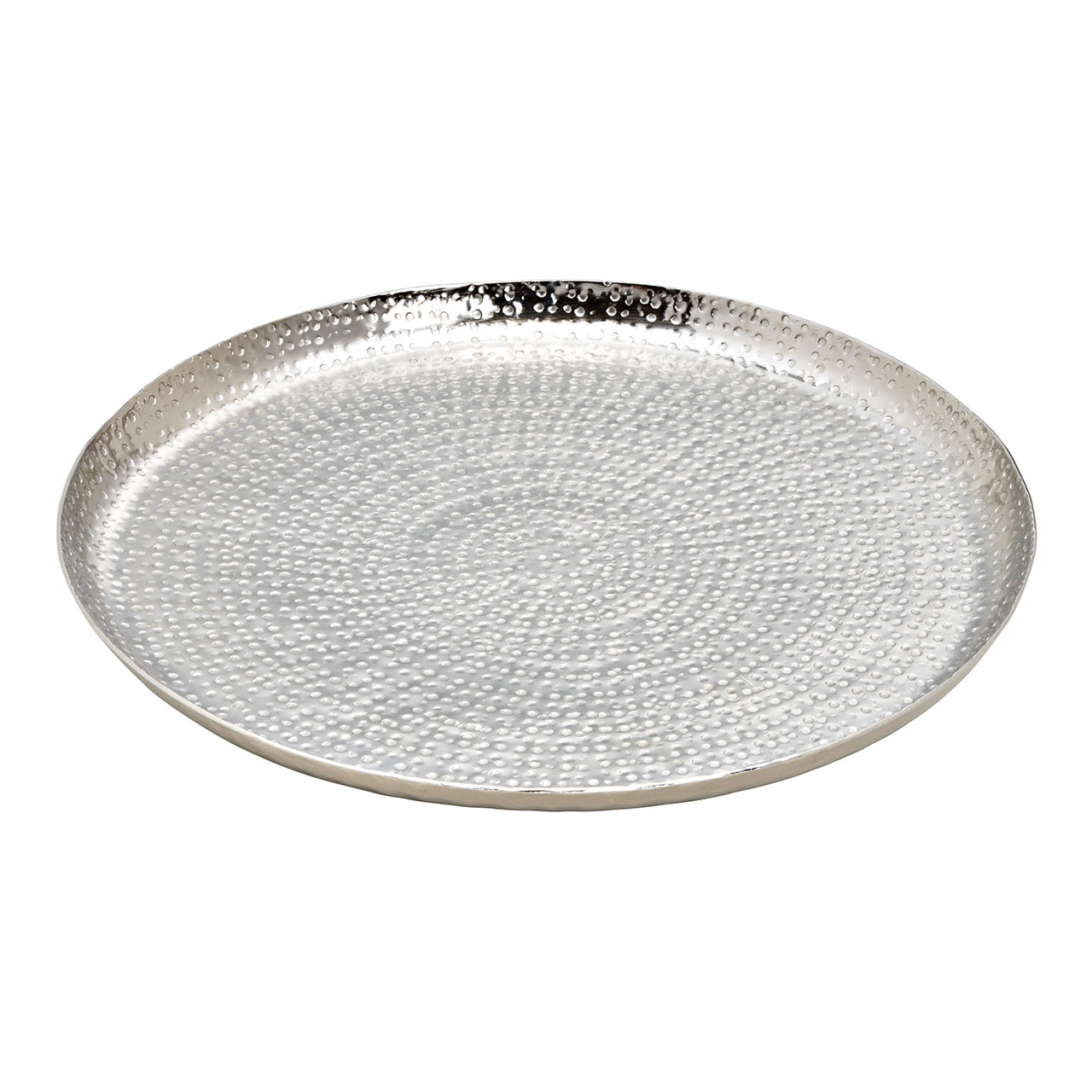 Silver textured round tray on a white background
