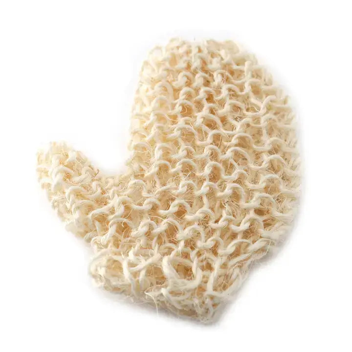 A beige sisal exfoliating glove with a textured surface designed for use in bath and beauty routines.