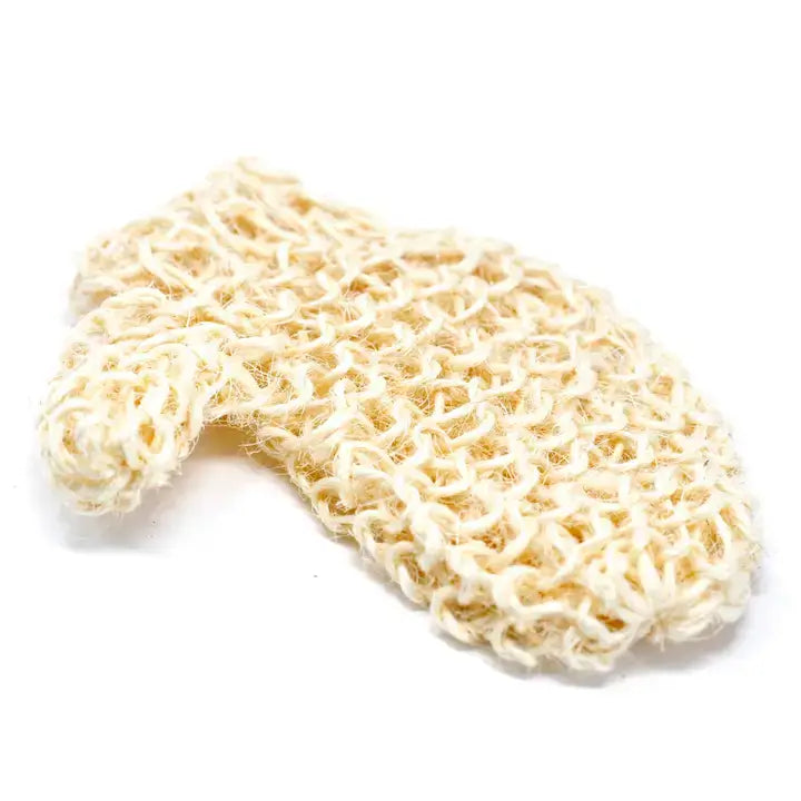 A beige sisal exfoliating glove with a textured surface designed for use in bath and beauty routines.