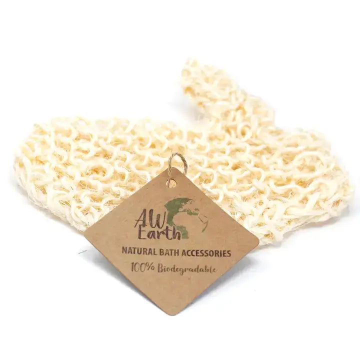 A beige sisal exfoliating glove with a textured surface designed for use in bath and beauty routines.