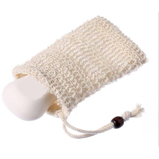 White sisal soap pouch with a draw string with wooden bead  on a white background
