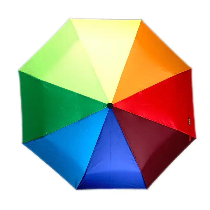 A multicolored folding umbrella with panels in rainbow colors, viewed from above when opened.
