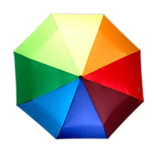 A multicolored folding umbrella with panels in rainbow colors, viewed from above when opened.