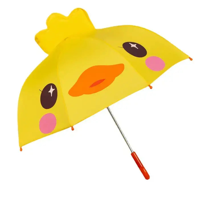 Children's umbrella in yellow with a 3D duck face design including black eyes, an orange beak, and pink cheeks.