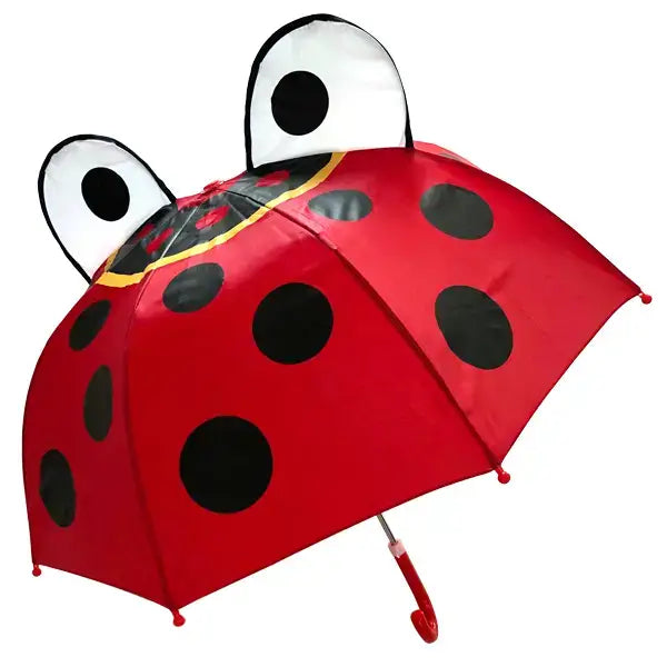 Children's umbrella with a red canopy featuring black dots and 3D ladybird eyes design, along with a red handle.