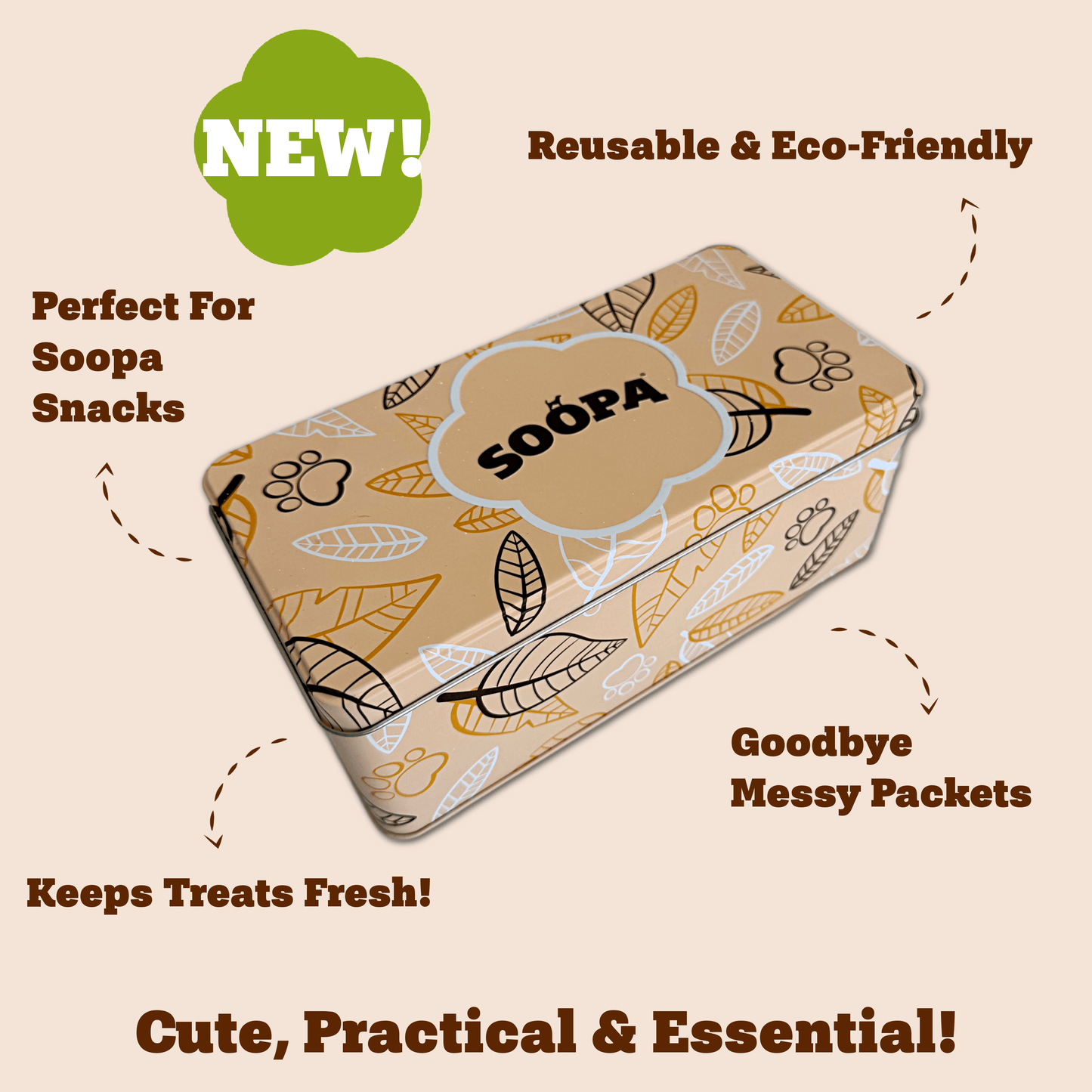 Reusable snack packaging with 'SOOPA' branding on a beige background