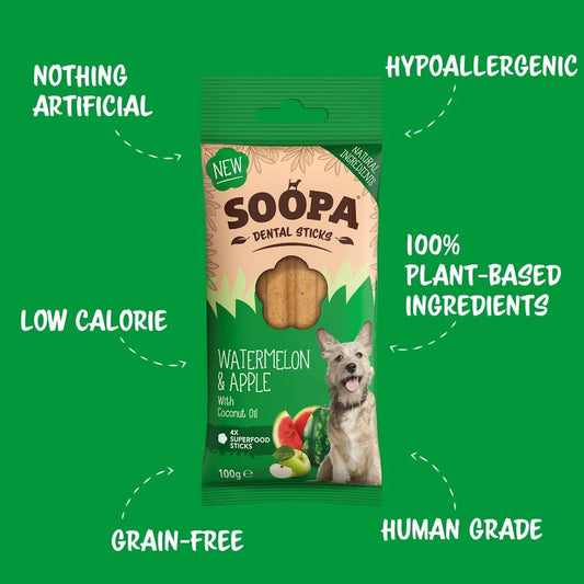 Packaging for Soopa Watermelon & Apple Dog Dental Sticks, highlighting features such as being hypoallergenic, low calorie, grain-free, and having 100% plant-based ingredients.