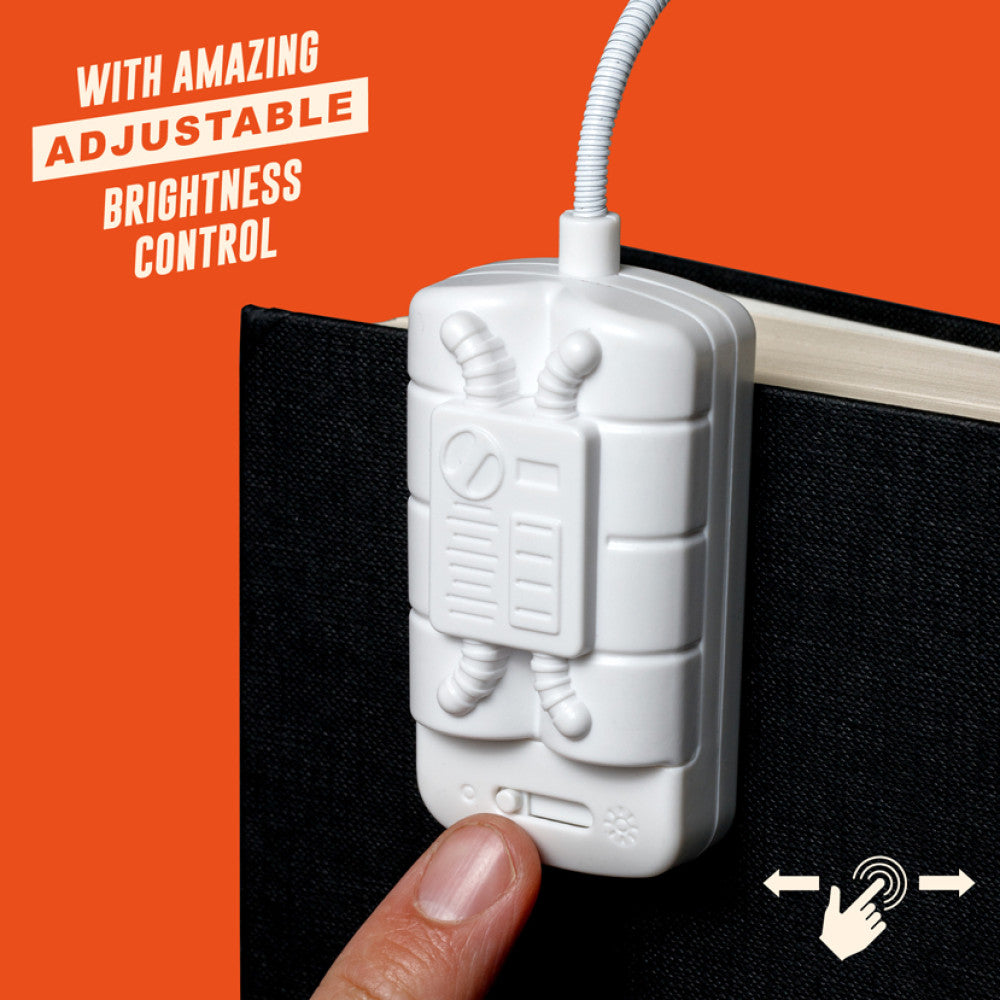 White adjustable brightness control device with a thumb pressing it on an orange background