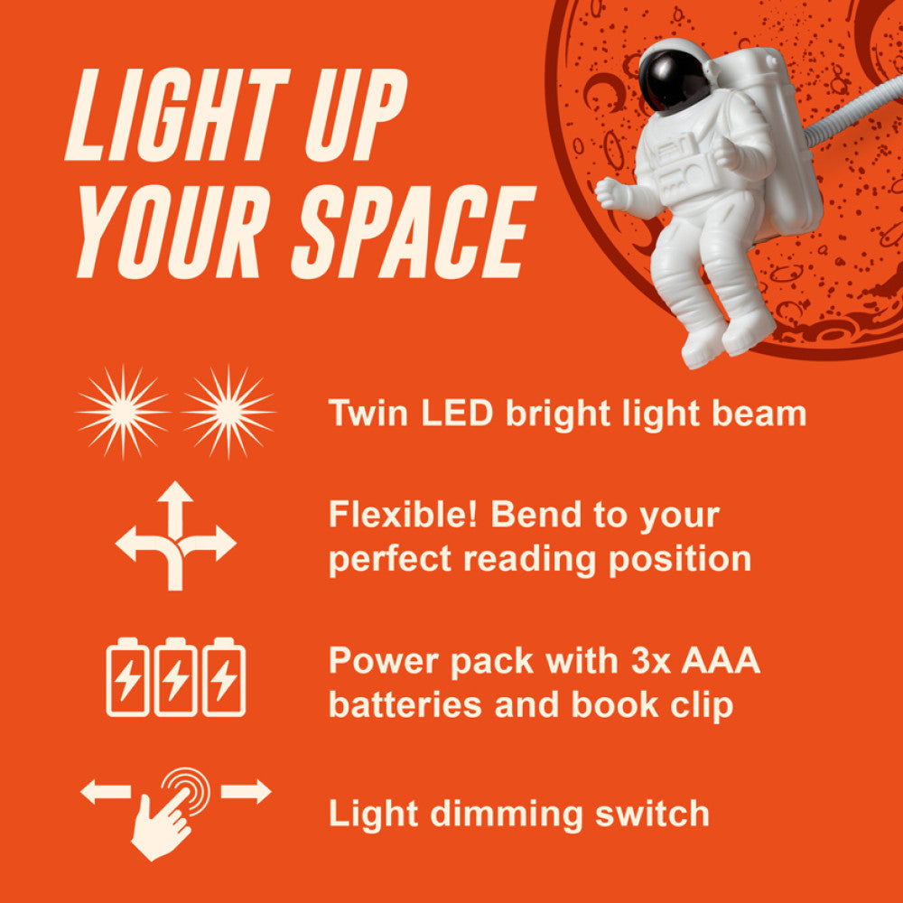 Advertisement for a space-themed light with an astronaut figure on an orange background