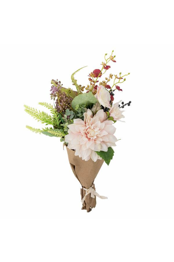 Bouquet of flowers wrapped in brown paper on a white background