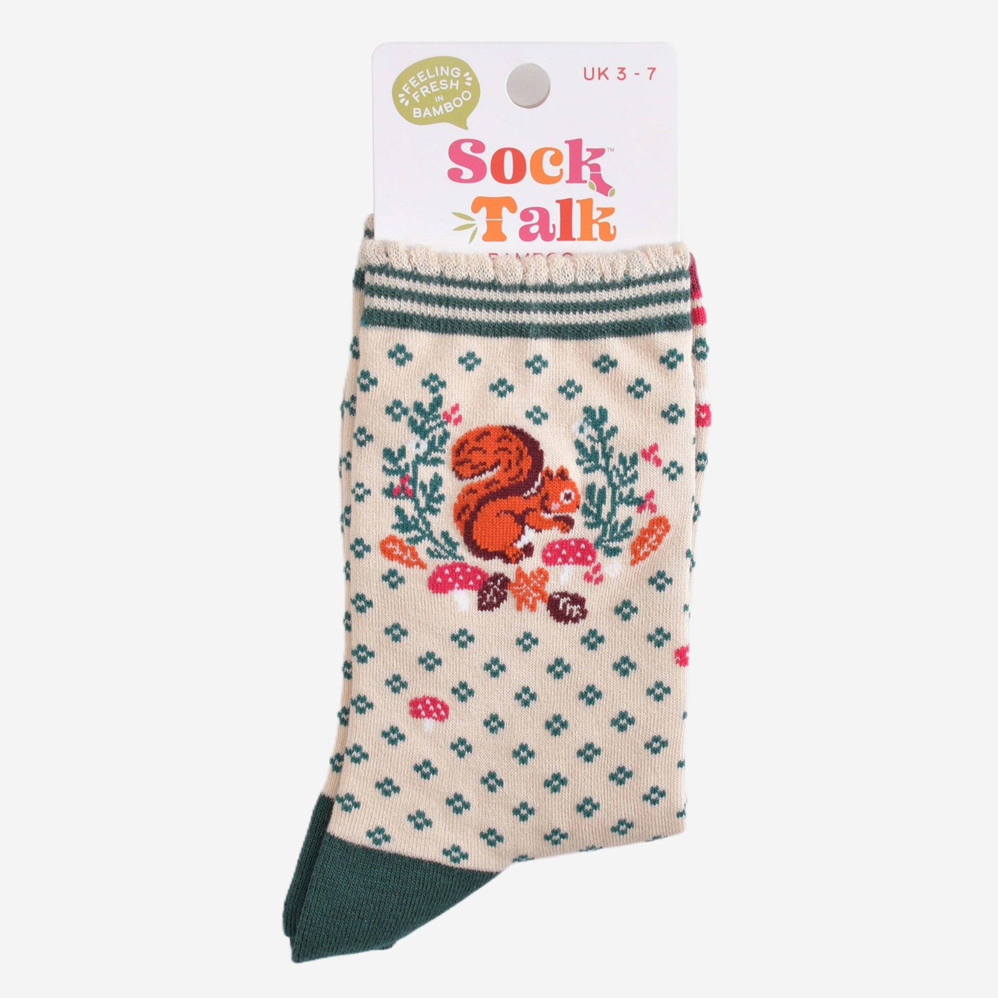 Sock with squirrel design on a white background, featuring 'Sock Talk' branding.