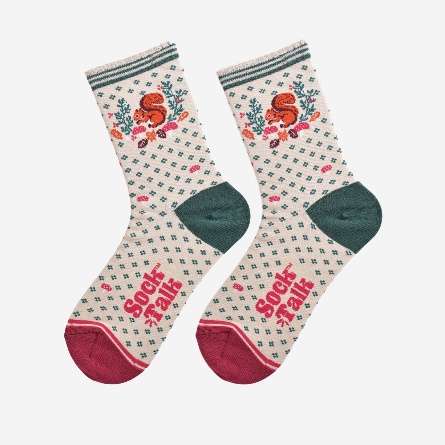 Pair of socks with floral and squirrel design on a white background