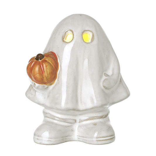 Ceramic ghost figurine with a pumpkin on a white background