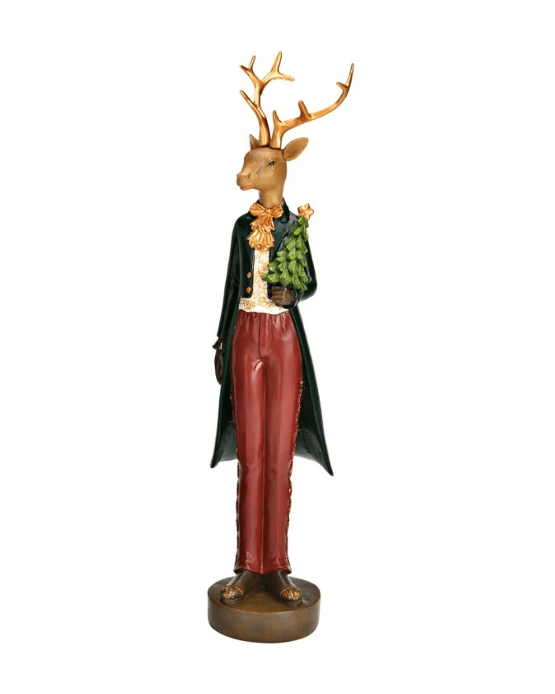 Statue of a deer in formal attire with a cape and hat on a white background