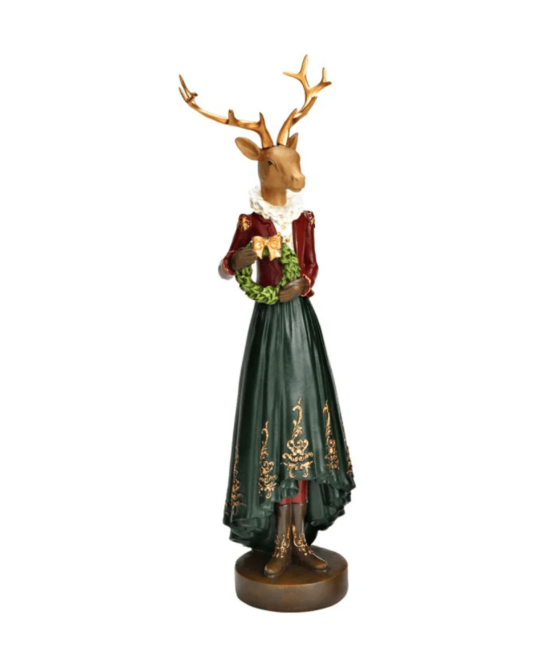 Statue of a deer wearing a green dress with floral patterns on a white background