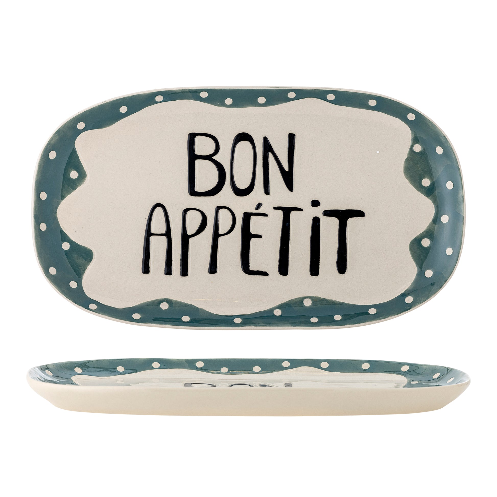 Ceramic tray with 'Bon Appetit' text on a white background