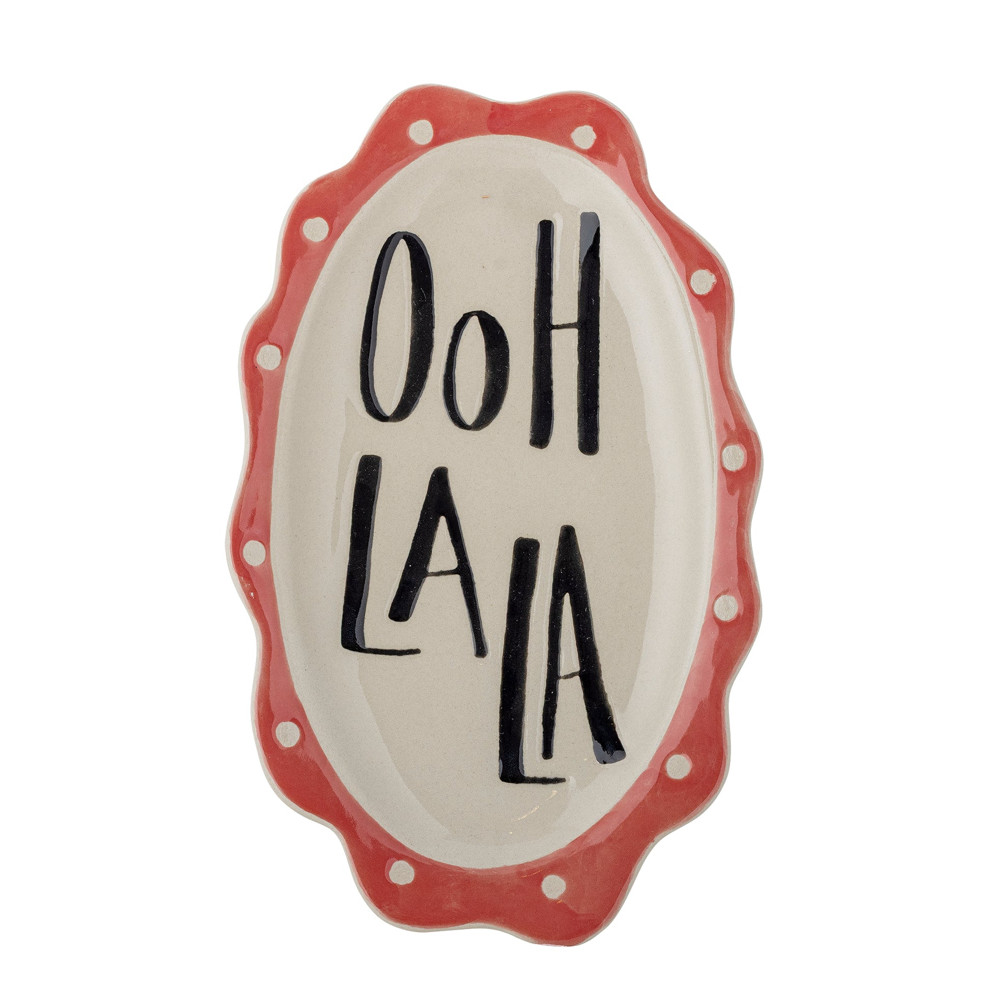 Decorative plate with 'Oo H LA LA' text on a white background