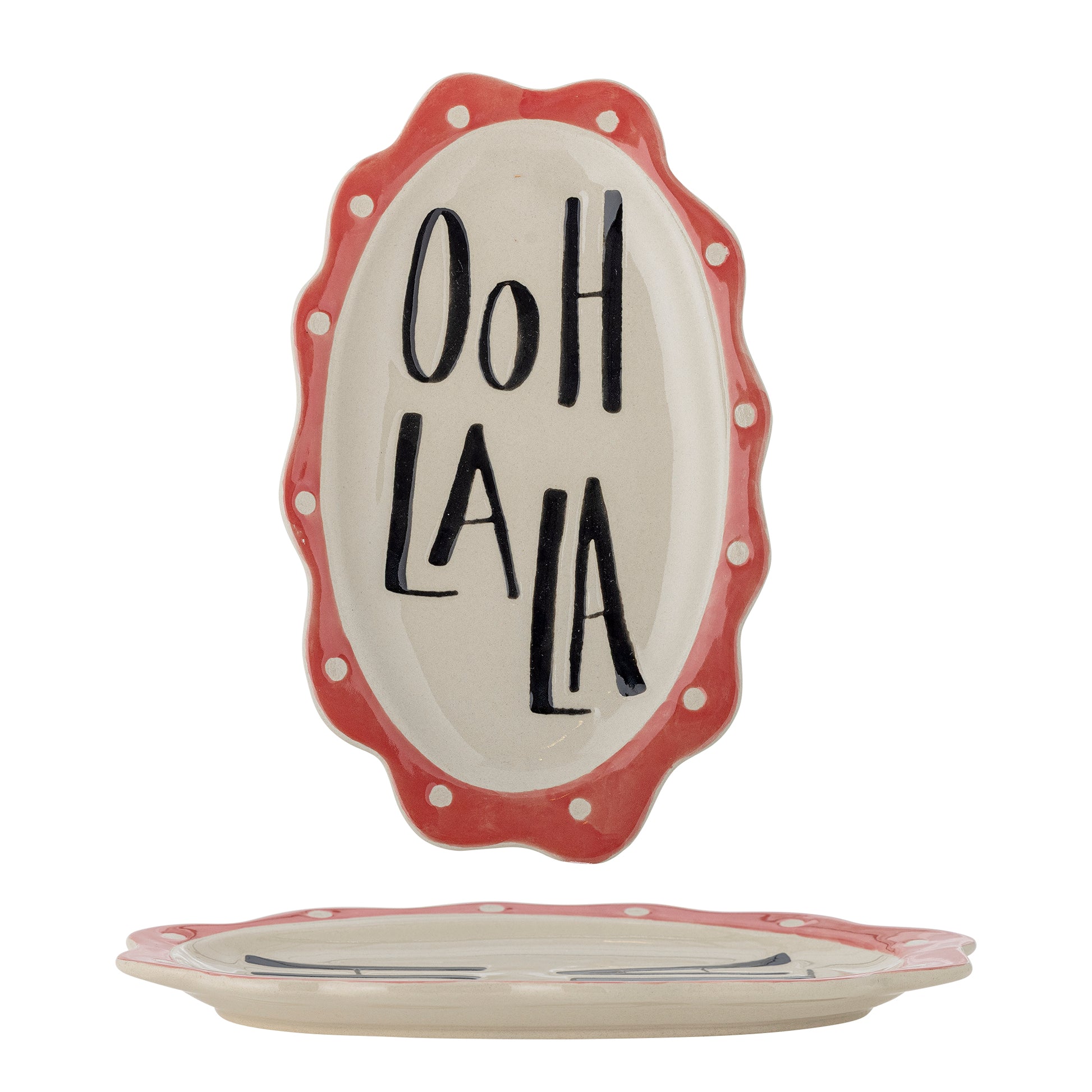 Ceramic plate with 'Ooh La La' text on a white background