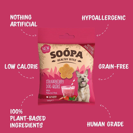 Packaging of Soopa PUPTAILS Strawberry Dog-Quiri Dog Treats with highlights on low calories, hypoallergenic, and 100% plant-based ingredients, with an image of a dog and a cocktail glass.