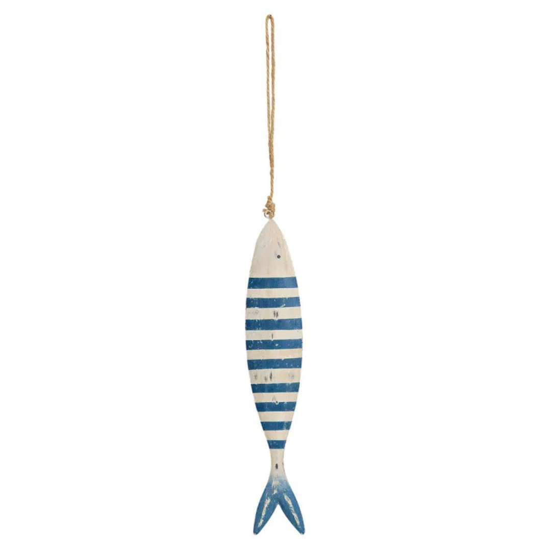 Decorative fish-shaped ornament with blue and white stripes on a white background
