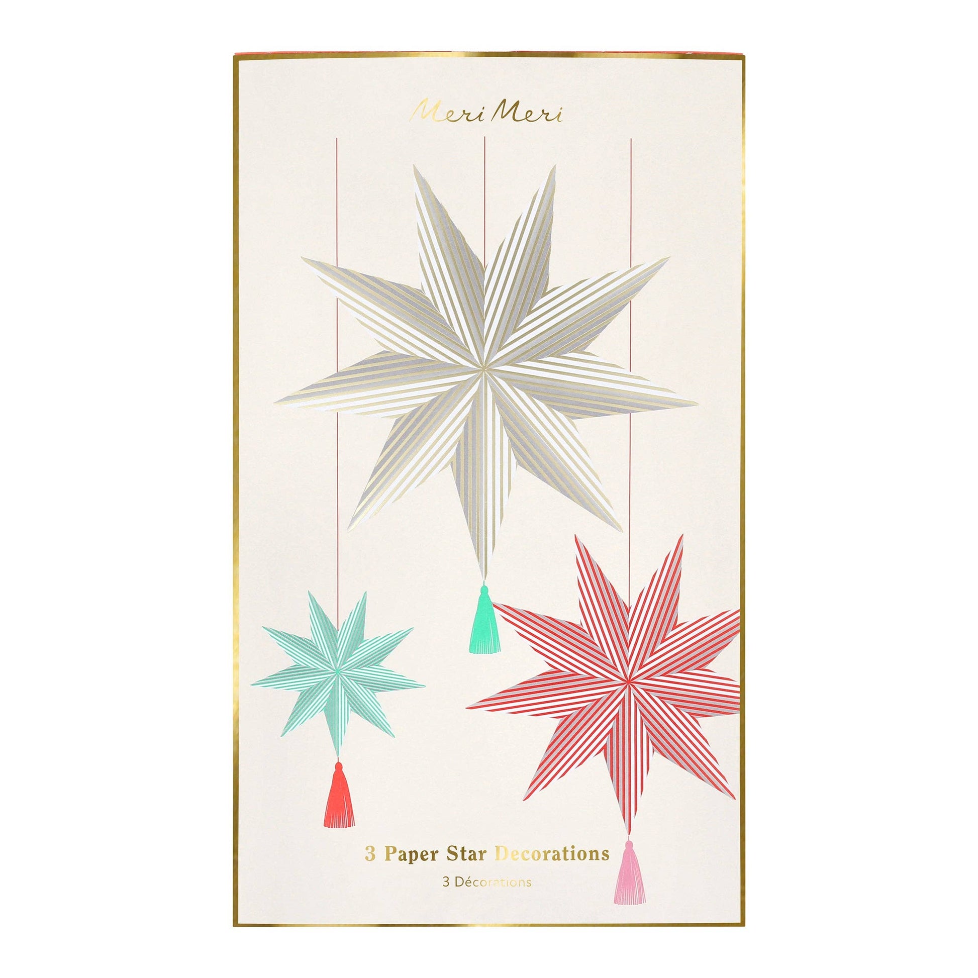 Packaging of three paper star decorations with 'Meri Meri' branding on a white background.