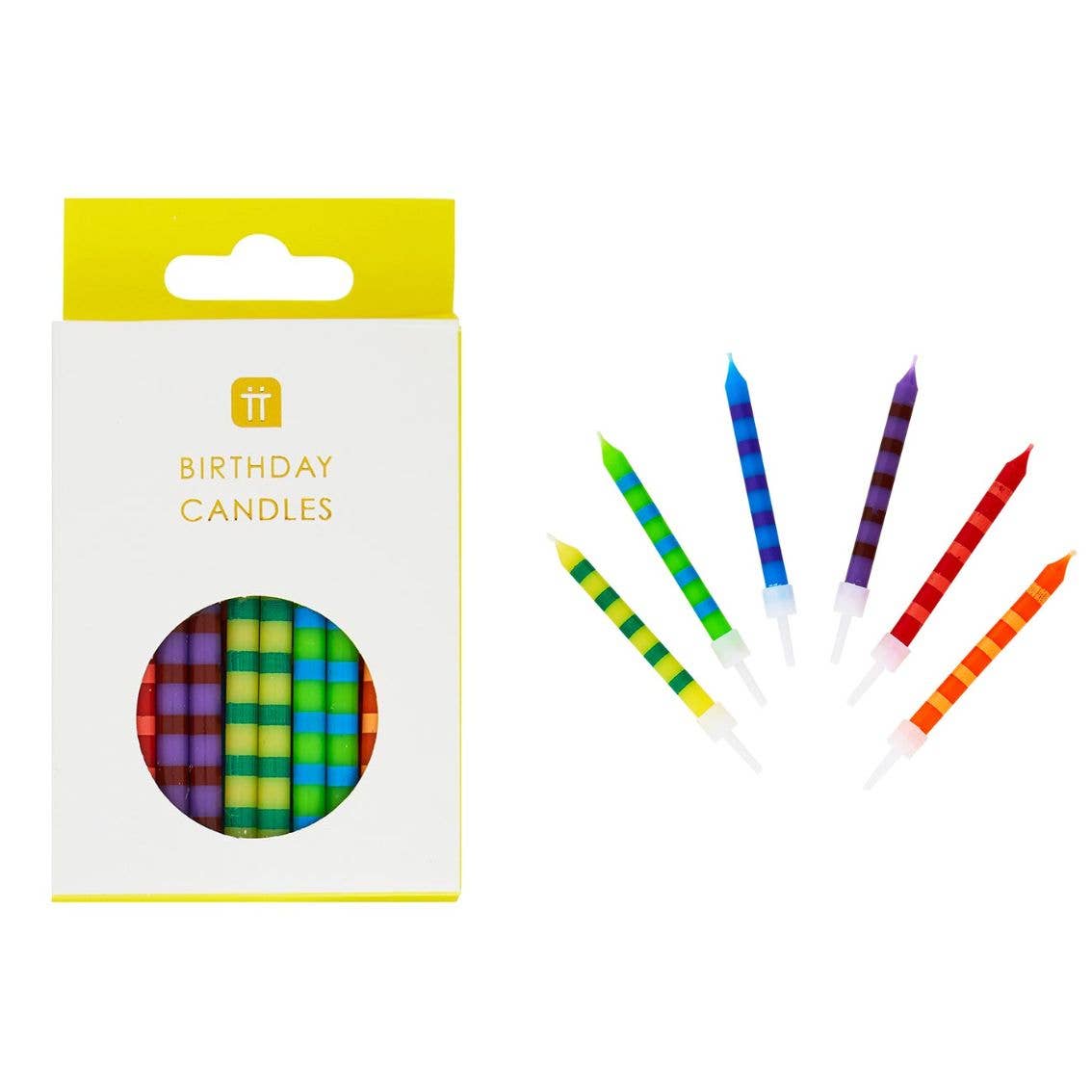 Packaged birthday candles with colorful designs on a white background