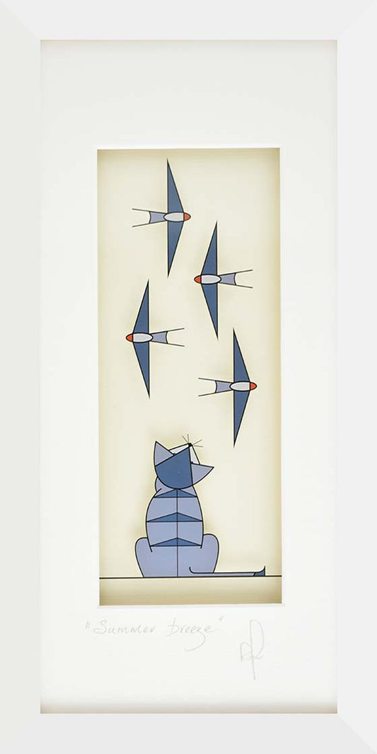 Framed artwork of a cat with swallows on a beige background