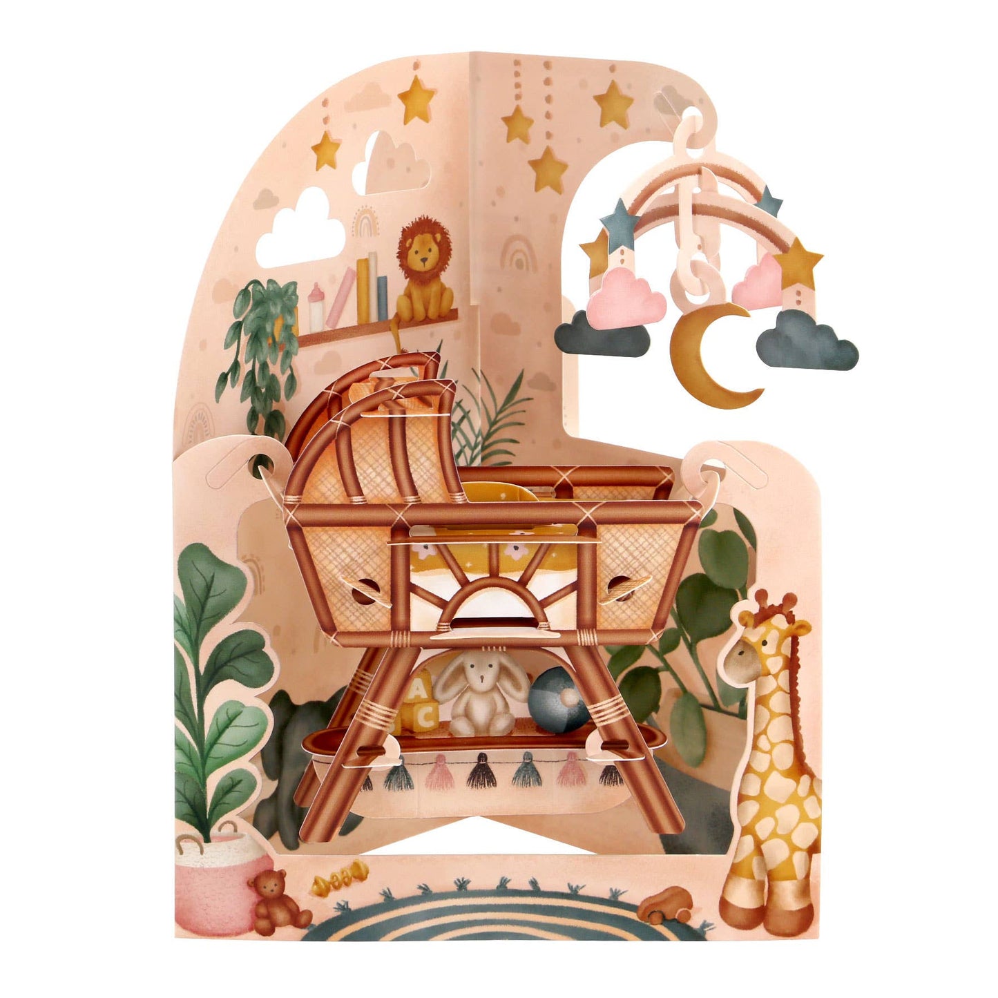 Pop out 3D baby card with swinging cot animal and object illustrations on a white background