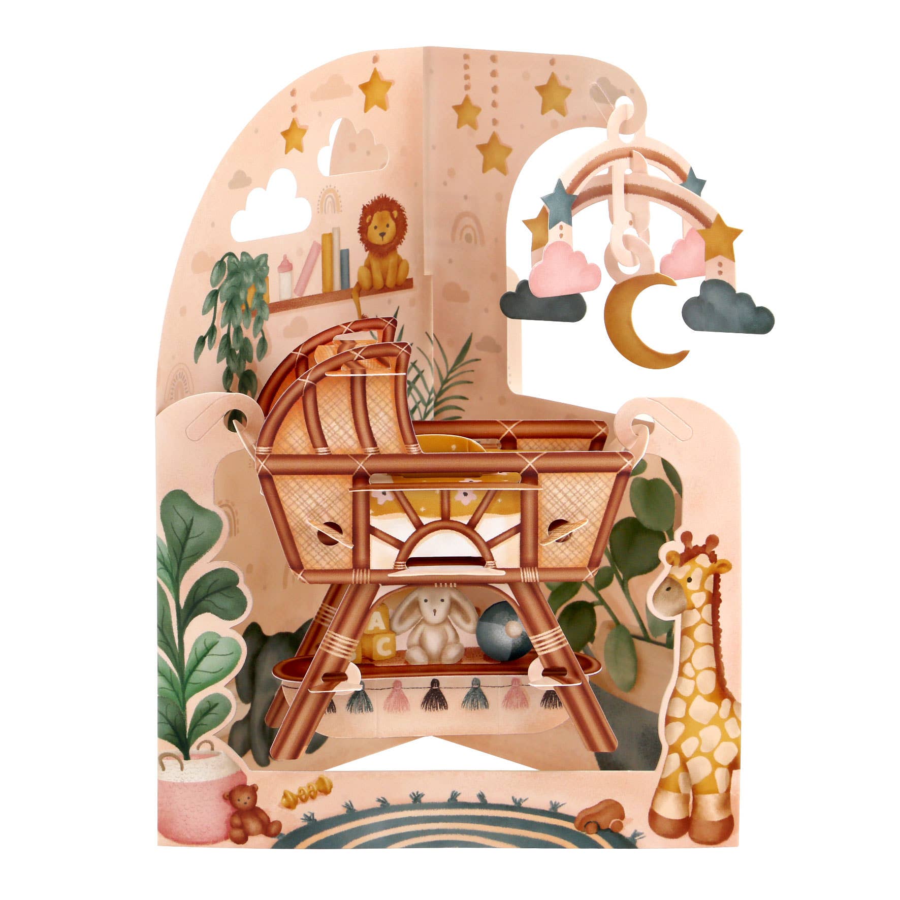 Pop out 3D baby card with swinging cot animal and object illustrations on a white background