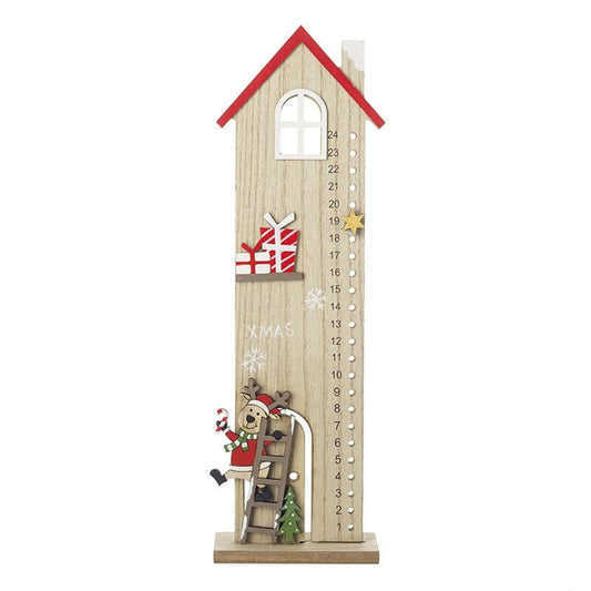 Wooden Advent Counter House with Santa Reindeer design on a white background