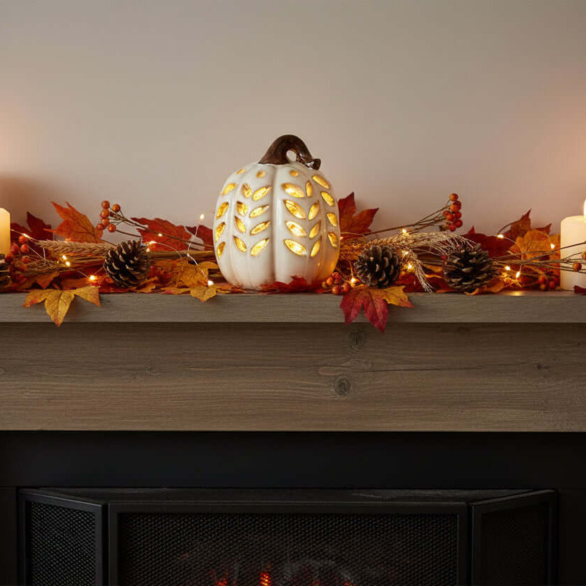 Decorative pumpkin with a lit interior on a seasonal mantlepiece