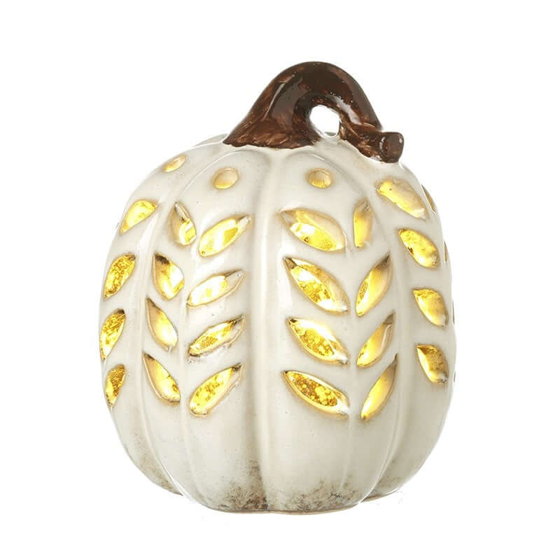 Decorative pumpkin with a lit interior on a white background