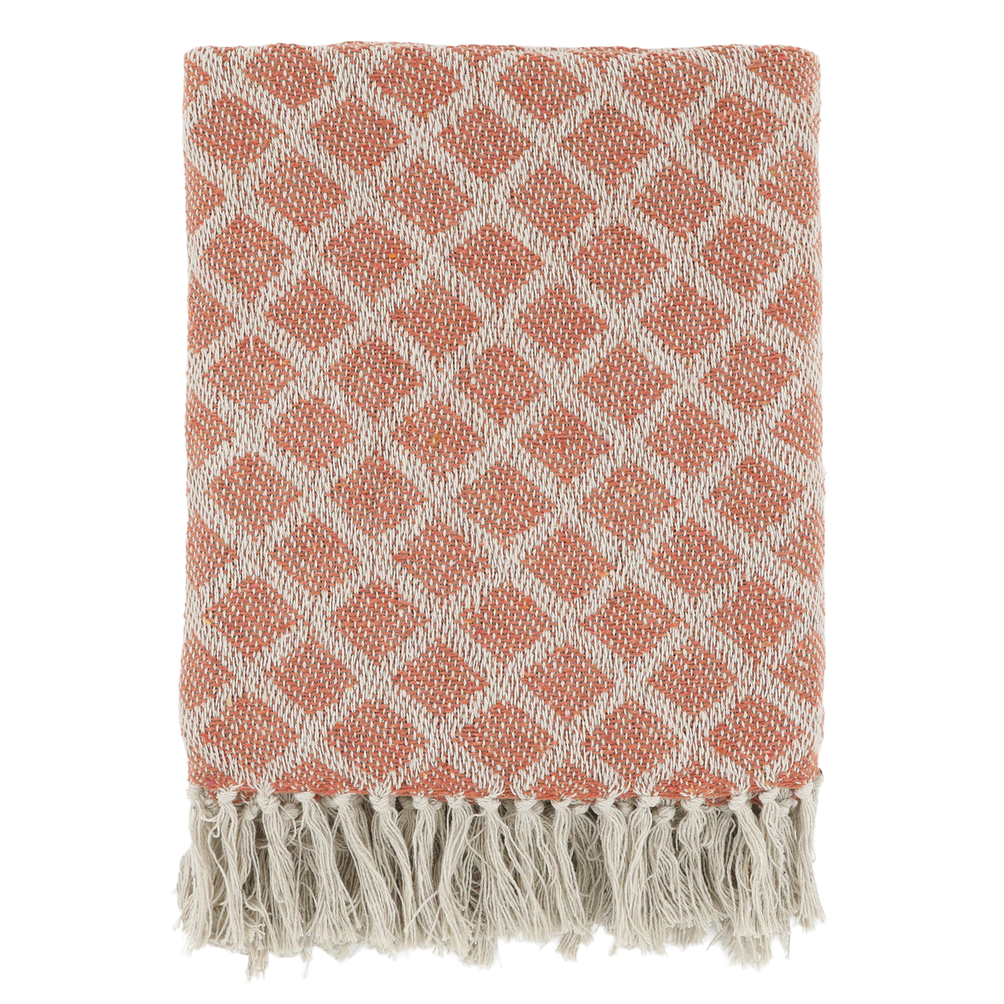 Pink and white diamond patterned throw blanket with fringes on a white background