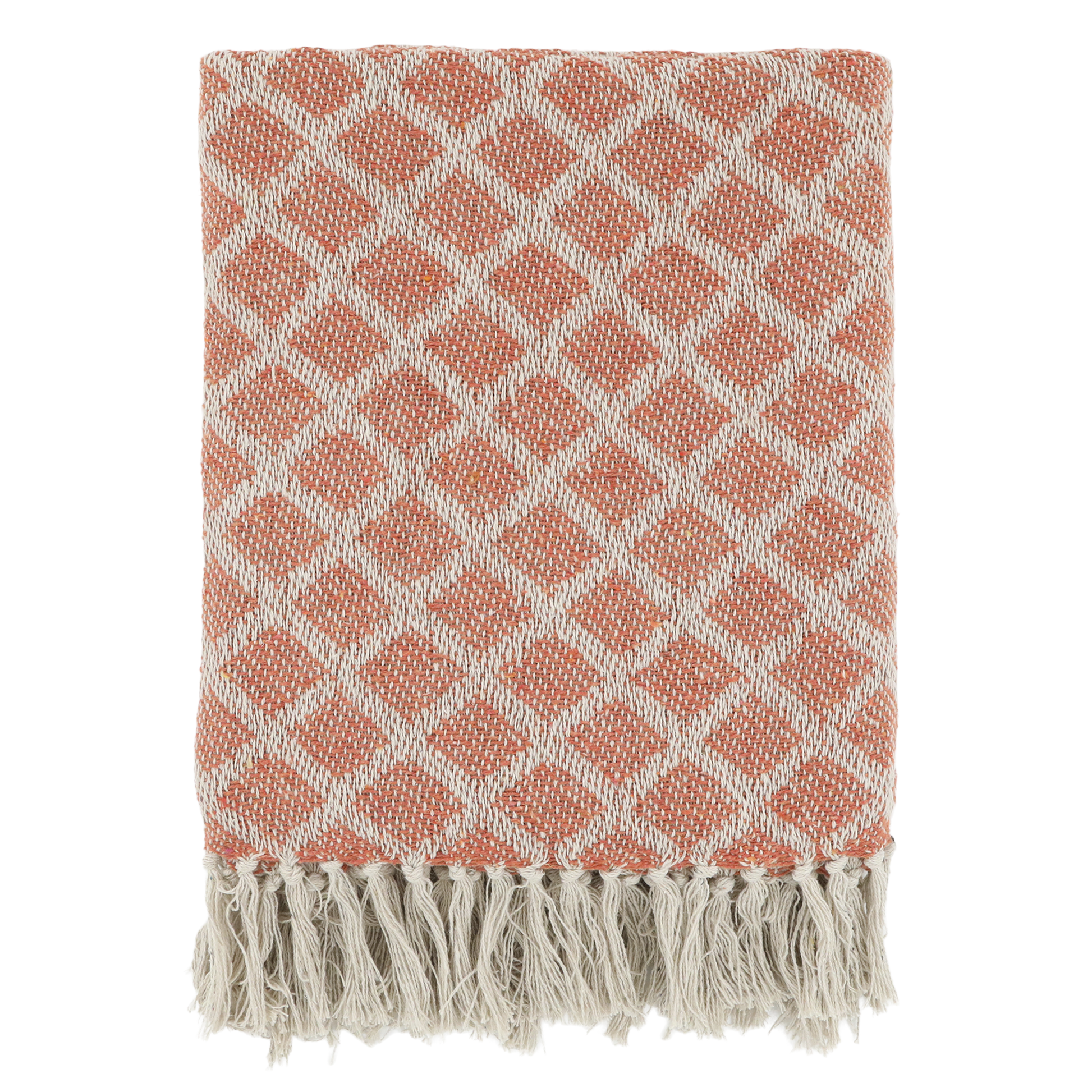 Pink and white diamond patterned throw blanket with fringes on a white background