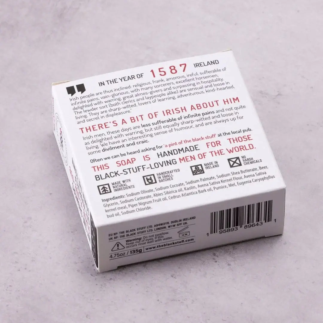 Packaged bar of Black Stout soap with branding and product information on the packaging.