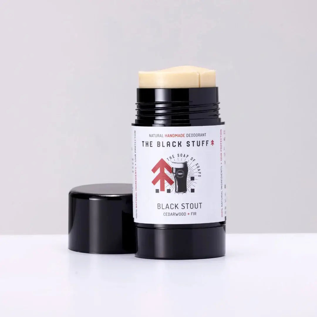 The Black Stuff Natural Deodorant - Black Stout opened on a white background