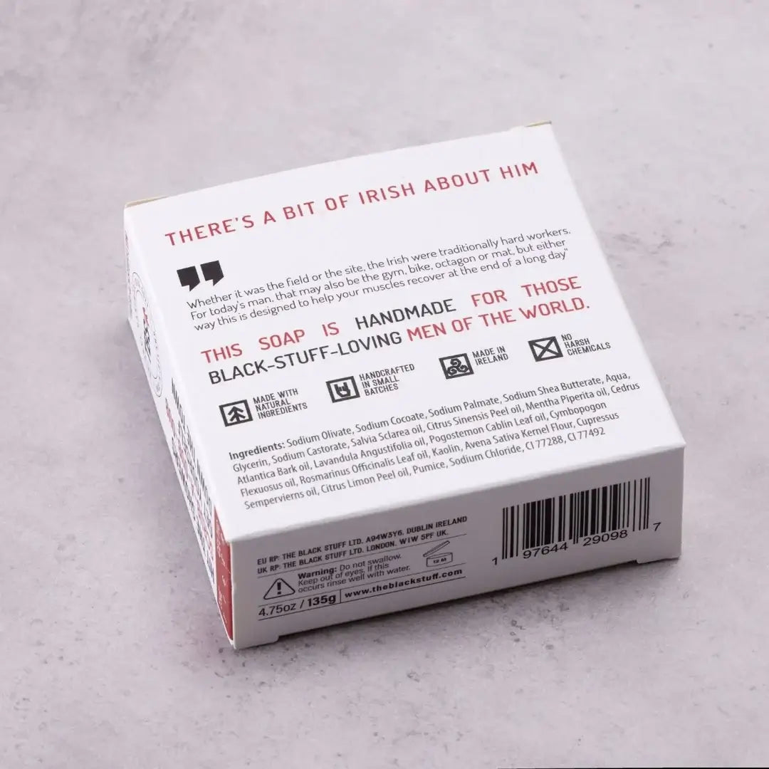 Packaging of 'The Celtic Tiger' soap by The Black Stuff, featuring a white and red design with the product name, an image of a tiger, and the scent marked as Tiger Balm, Menthol & Tea Tree.