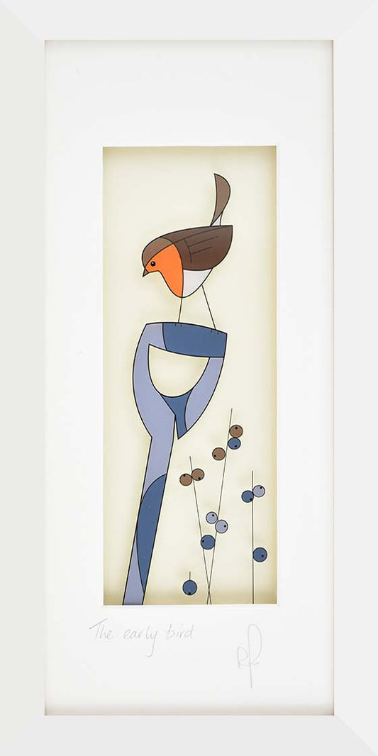 Framed artwork of a stylized bird with a blue body and orange beak on a beige background.