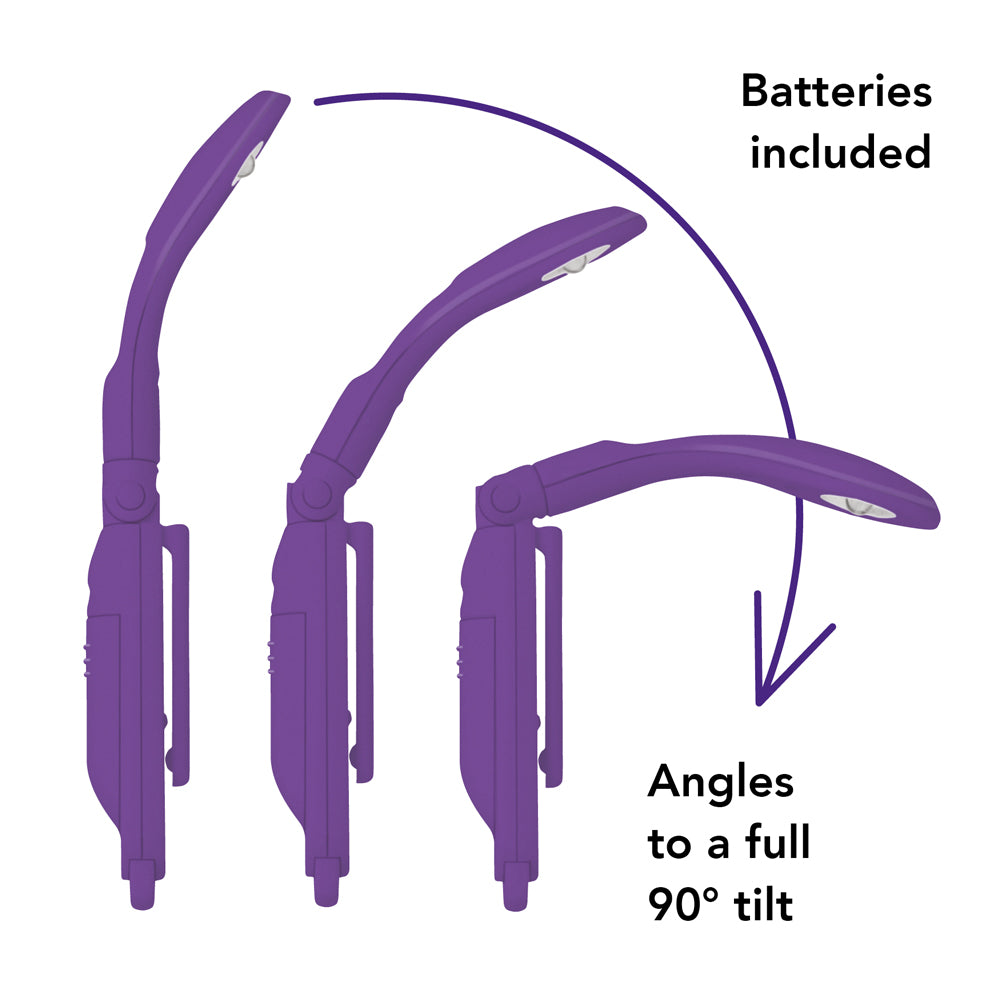 Purple LED mini book light with adjustable angles on a white background