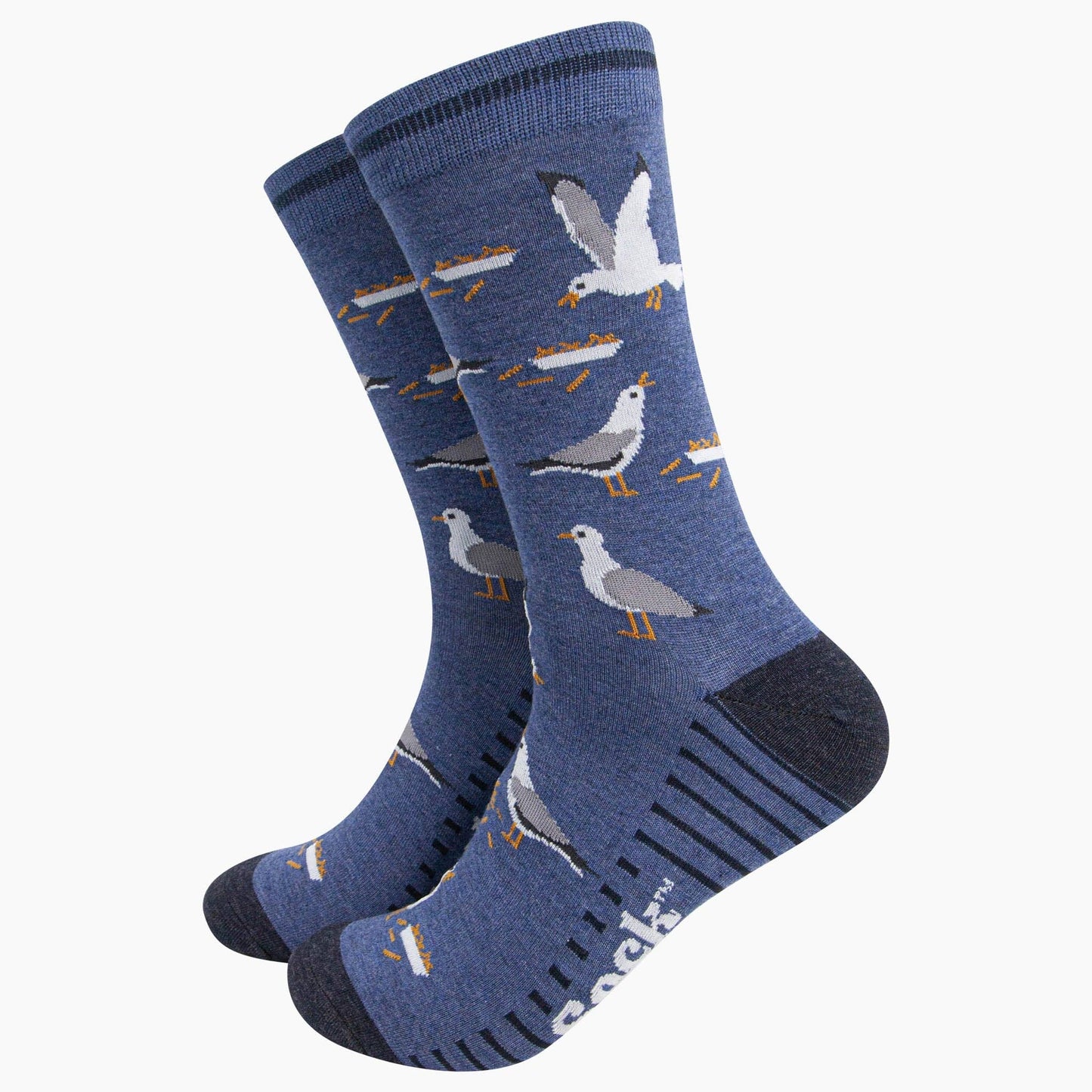 Pair of blue socks with seagull design on a white background