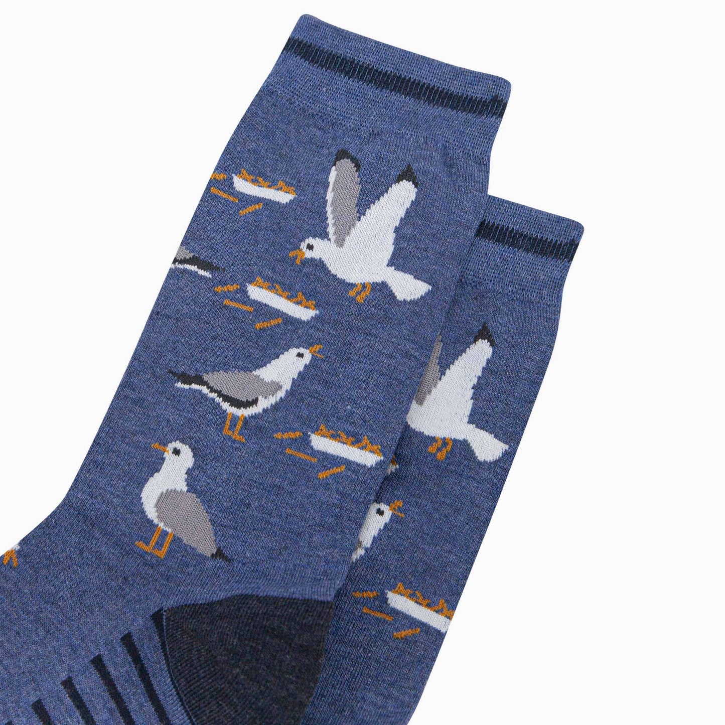 Blue socks with seagull pattern on a white background